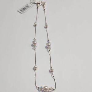 Vieste Elegant Silver Faux Pearl Necklace With Genuine Austrian Crystals Nwt